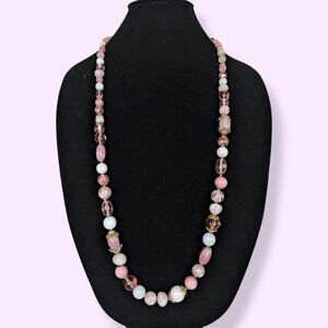 Vintage Long Pink Glass Beaded Necklace